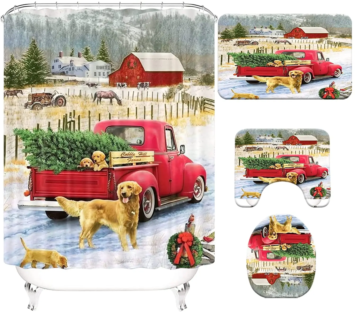 

Набор рождественских занавесок для душа в деревенском стиле, чехол на ковер, чехол для унитаза, коврик для ванной, наволочка, занавеска для в...