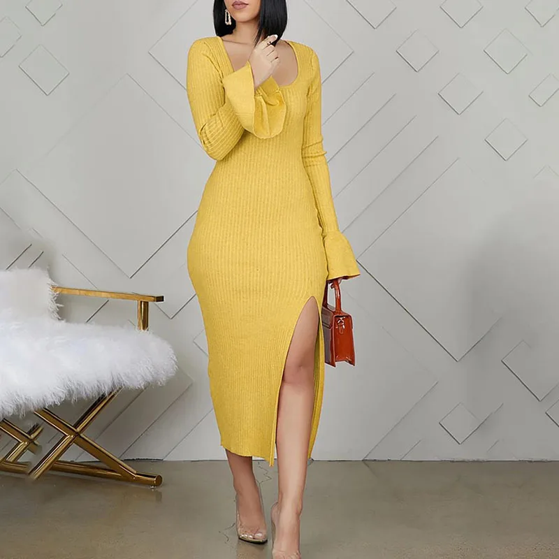 Желтый вязаное платье женские тканевые Зимние сексуальный халат Винтаж бодикон