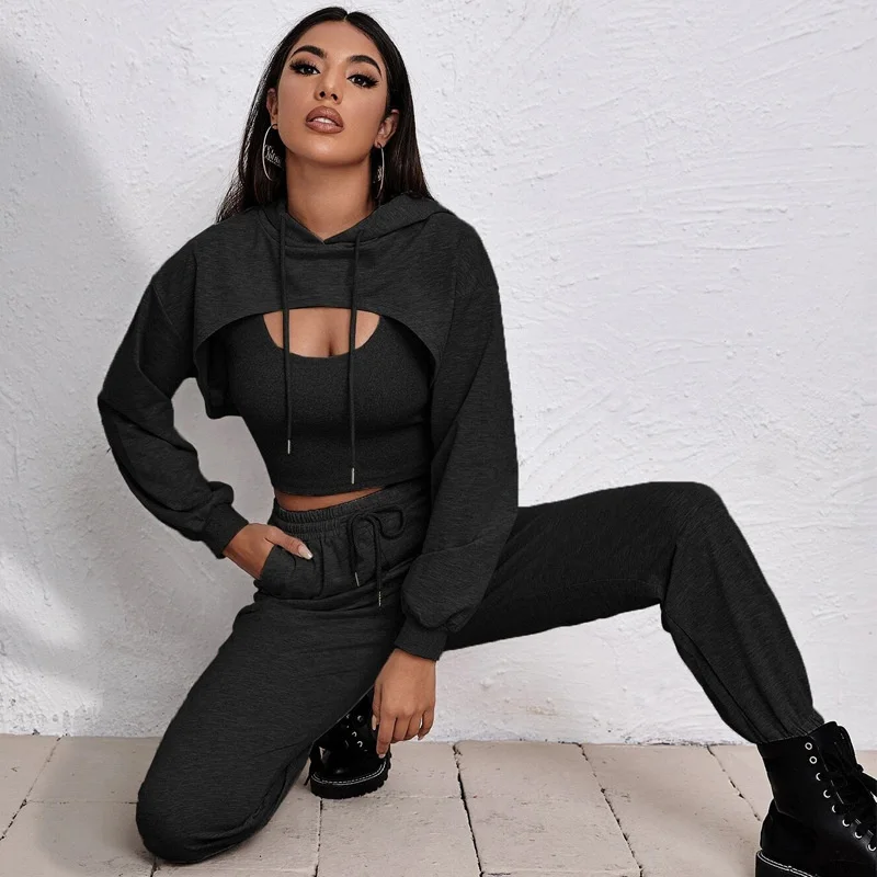

2021 women's autumn and winter Hoodie loose vest guard pants three piece sports jogging cloth set