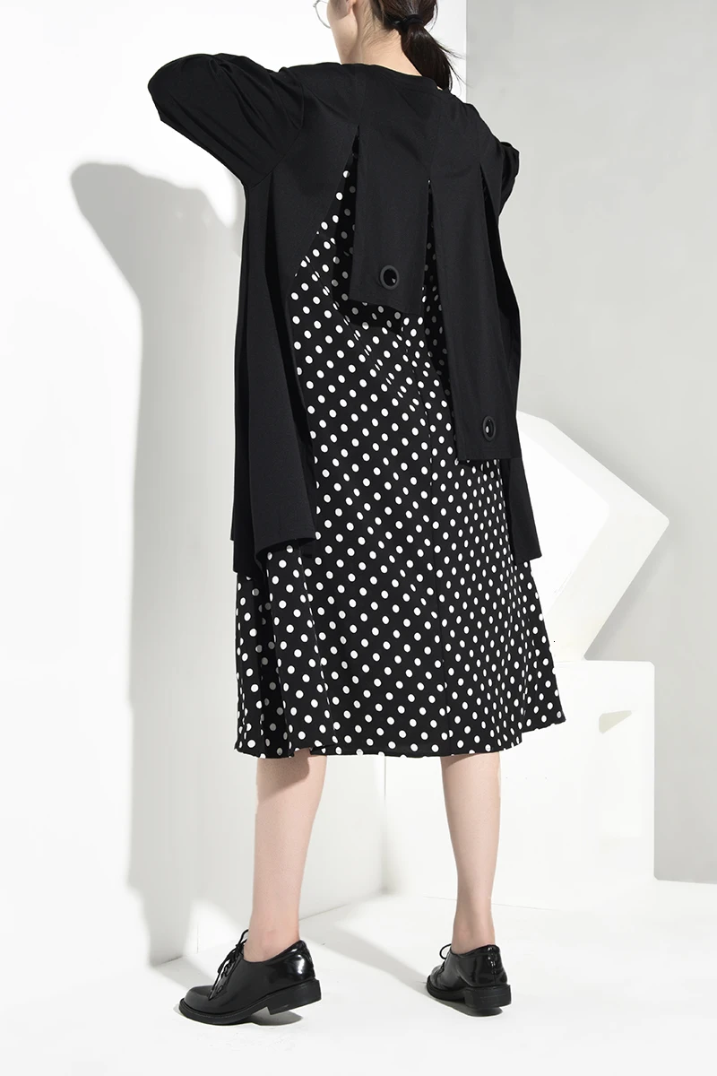 

Fashion Women Black Dot Print Split Joint Big Size Asymmetrical Dress New Round Neck Loose Fit Fashion Spring Autumn Tide 1A123
