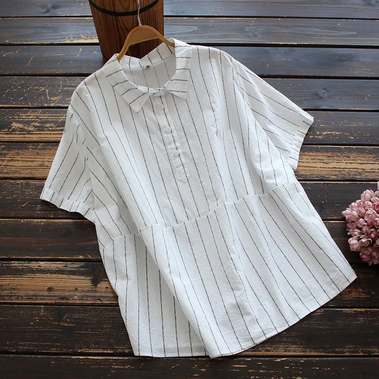 

9085New summer women's clothes artistic commuter loose short sleeve polo collar stripes shirt shirt cotton pullover top