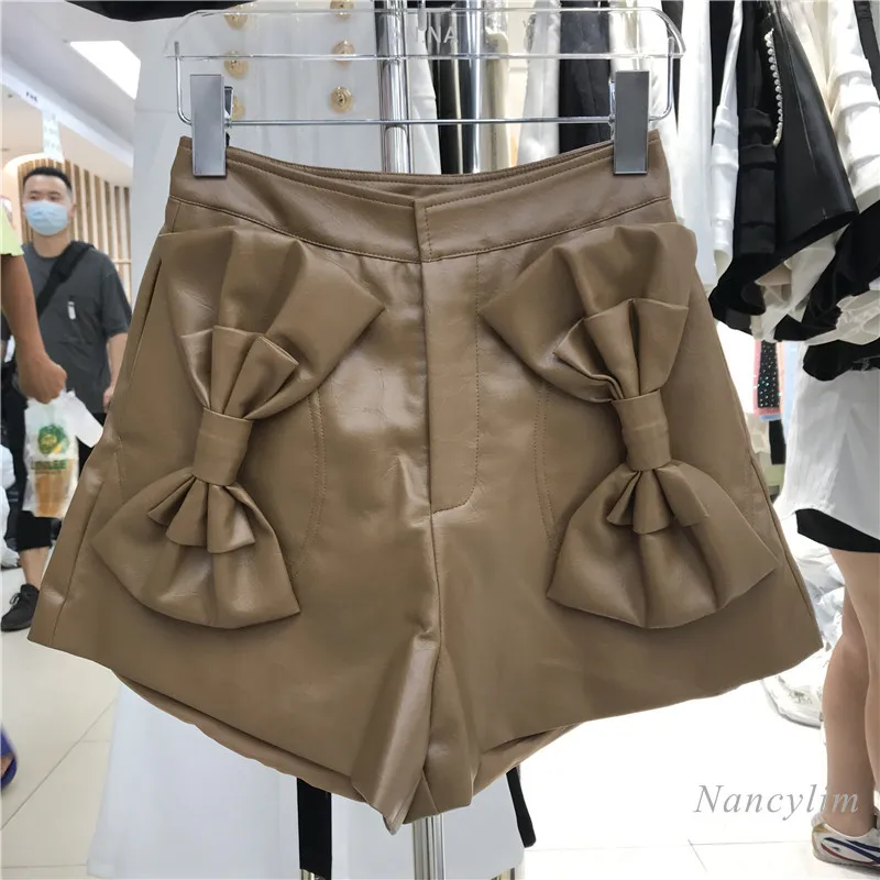 

Bow PU Leather Shorts Women's 2021 Autumn New Design High Waist Slimming Temperament Wide Leg Short Mujer Khaki Black