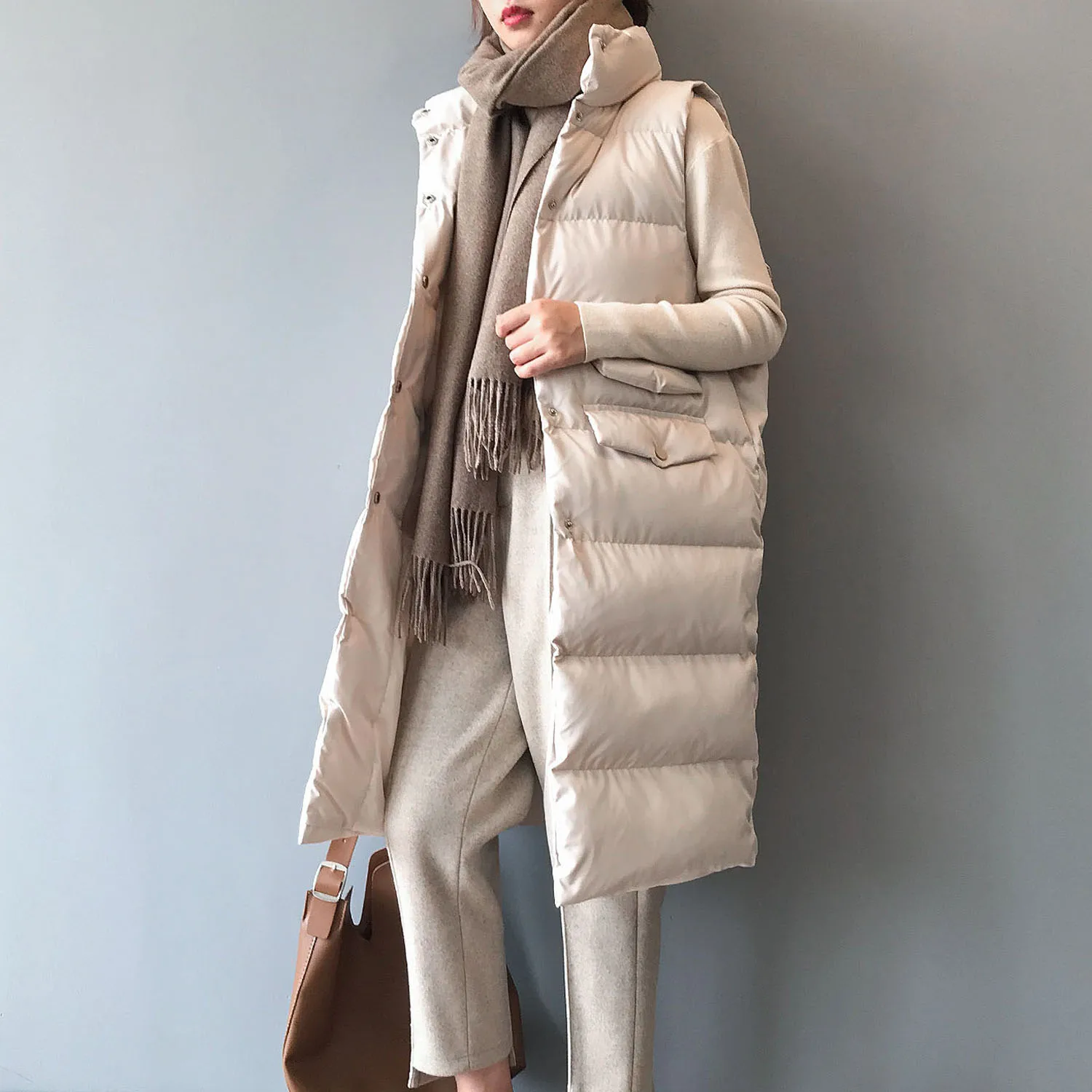 

2021 Autumn and Winter Pure Cotton Vest Women's Casual Vest Single-breasted Sleeveless Long Coat Slim-fit Warm Down Jacket