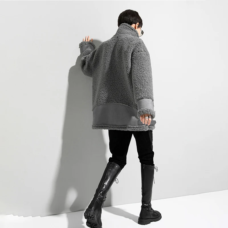 

[EAM] Loose Fit Lambswool Big Size Thick Jacket New Stand Collar Long Sleeve Women Coat Fashion Tide Autumn Winter 2021 1DD1446