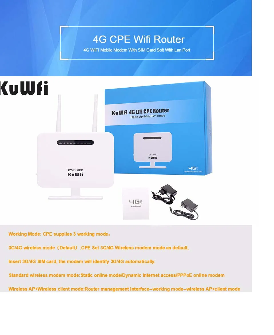 KuWFi разблокированный 300 Мбит/с 4G CPE маршрутизатор беспроводной AP маршрутизатор с 5Dbi антеннами для США/CA/Мексика/Ямайки/Аргентина/Чили/Колумбия