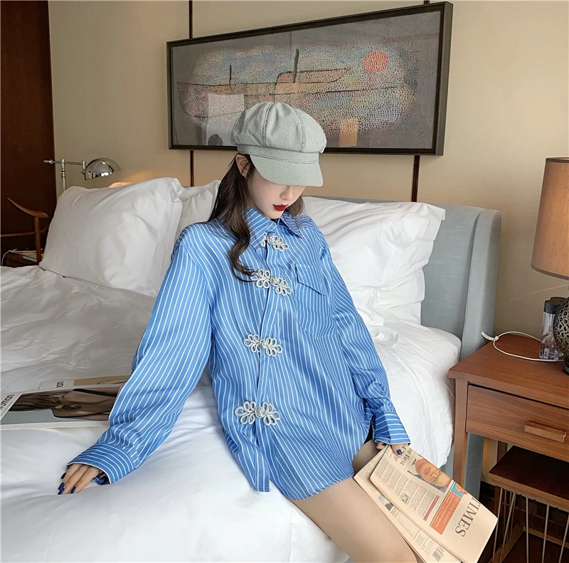 

Women's Clothing vintage button new Spring autumn striped women tops turn-down collar long sleeve shirts ulzzang fashion brand