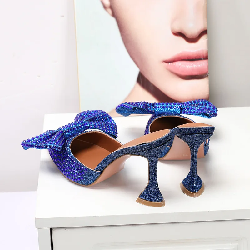 

2021 New European Station Pointed Bow Sandals Crystal All-match Ultra-High Heel Thin Heeled Baotou Slippers Women's Shoes