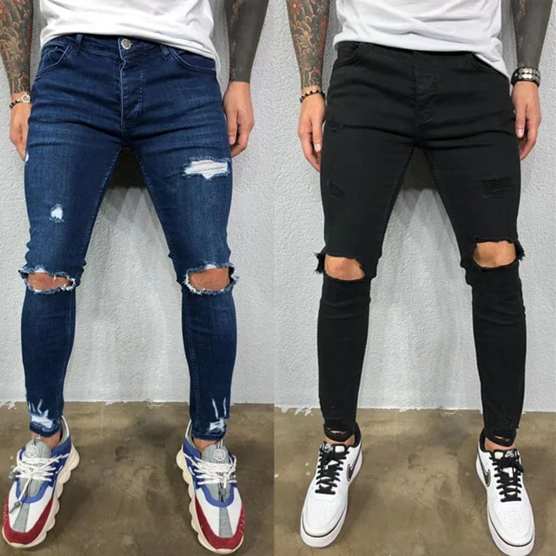 

2021 New Men Skinny Ripped Holes Jeans Casual Black Blue Slim Fit Denim Pants Biker Hip Hop Jeans With Sexy Holel Denim Pants