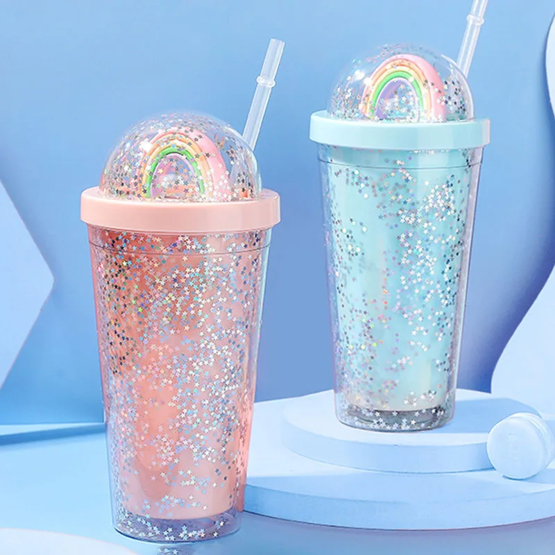 

Female Girls Water Bottles with Straw Cups Sequins Rainbow Cute Kettle for Students Mix Stirring Straw Cup Hand Cup Drinkware