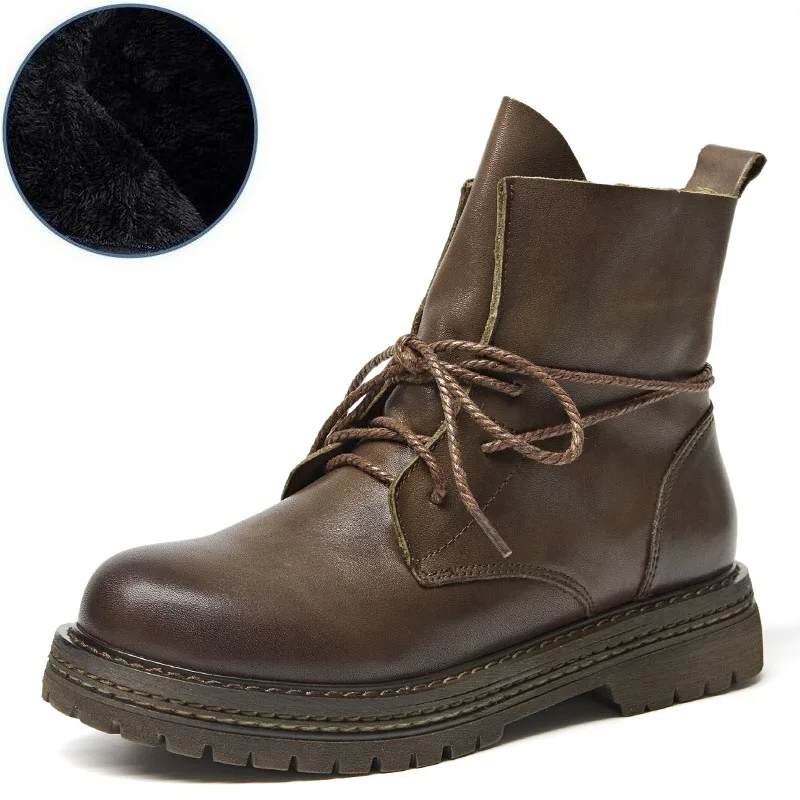 short plush brown DRKANOL/сезон осень-зима; теплые женские Ботинки martin до середины икры; обувь из натуральной коровьей кожи на толстом каблуке; мотоботы с круглым носком; Цвет Черный - Цвет: short plush brown