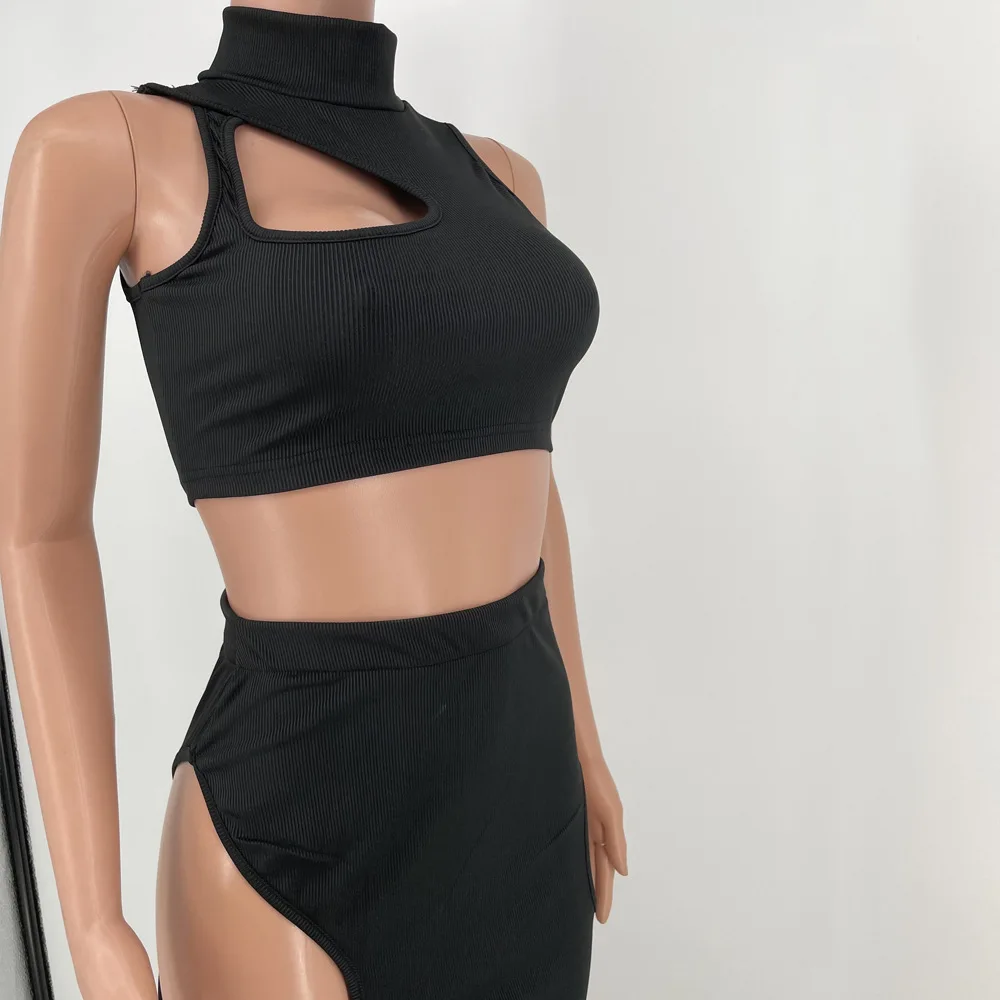 

Cut Out Solid Suit Outfit Sexy Two Piece Set Women O-neck Crop Top + Midi Skirt Set Bandage Hollow Out Clubwear Dress Set