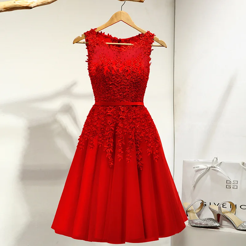 

2020 Hot Sell Elegant Knee Length Women Girls Dresses Appliques Beads Formal Party Dresses Pink Red Light Blue