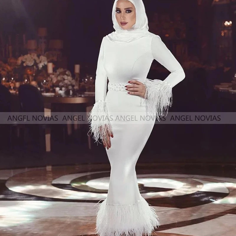 

ANGEL NOVIAS Long Sleeves Muslim Evening Dresses 2021 Satin Mermaid White High Neck Arabic Prom Gowns Vestito Da Donna