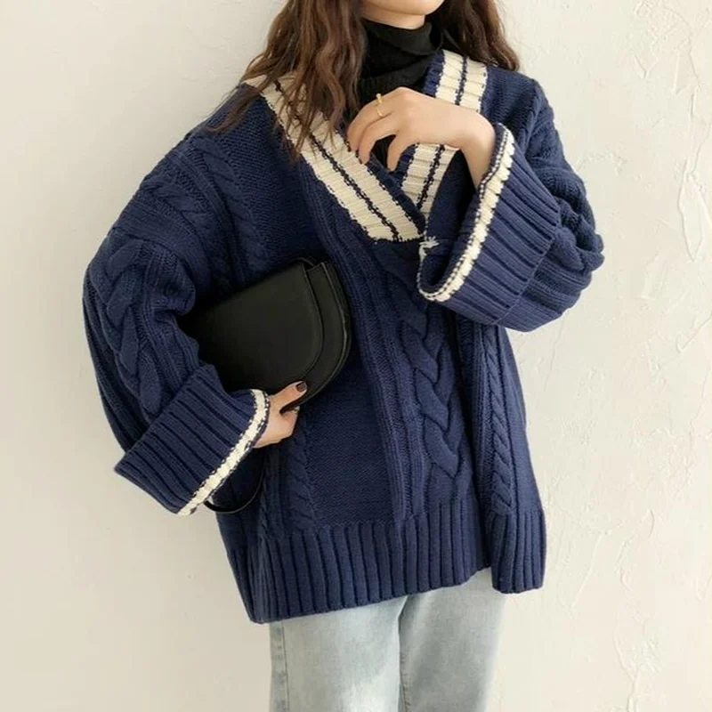 

Pullovers Women Vintage V-neck Chic Student Casual Cozy Baggy Patchwork Design Retro Thick Girlish Preppy Style Spring Fall Tops