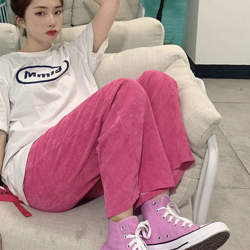 

Pants Women Corduroy Breathable Full Length Elastic Waist Solid Summer Streetwear Trousers Chic Ulzzang Pantalon