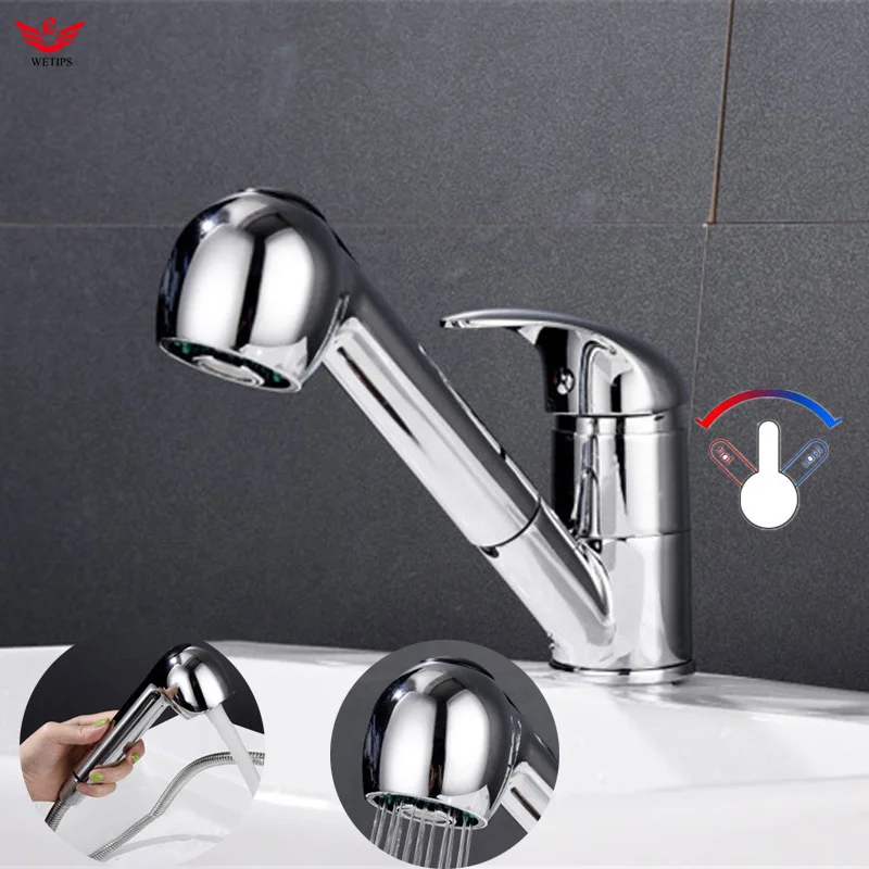 

WETIPS Brass Basin Pull Out Faucet Sink Faucet Single Handle Washbasin Hot Cold Mixer Grifo Lavabo Kitchen Tap Sink Faucets