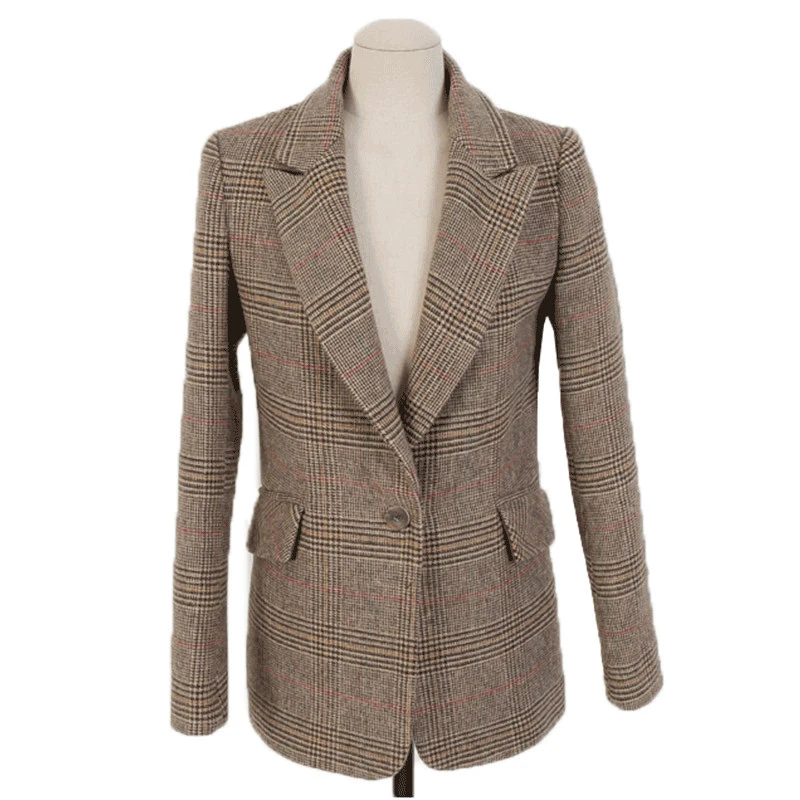 Женский прямой клетчатый костюм Повседневный шерстяной пиджак в стиле ретро