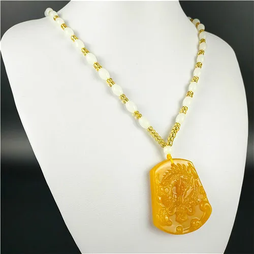 Натуральный желтый китайский Нефритовый дракон кулон бусы ожерелье Модные
