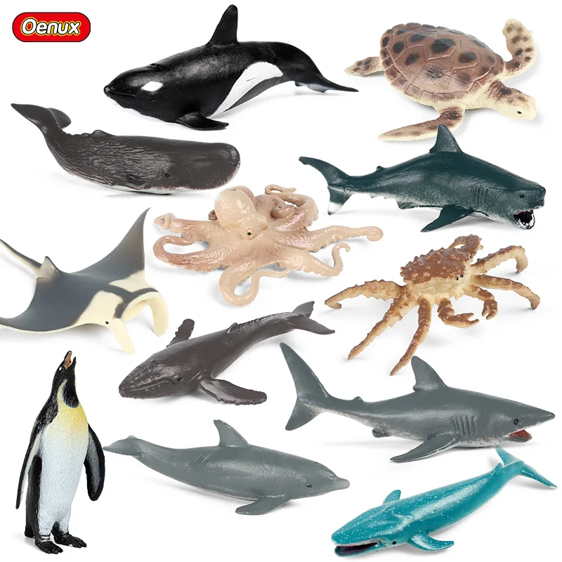 Oenux Small Ocean Marine Model Sea Life Animal Whale Shark Crab Turtle Action Figures PVC Educational Toy For Kids Gift