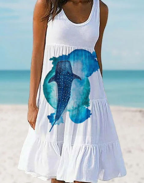 Новинка летний сарафан белые милые платья с 3d-рисунком морских пейзажей