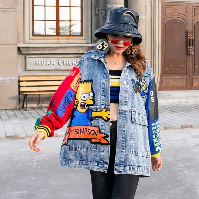 

2020 Fashion The New Splice Printing Loose Sequin Denim Jacket Free Shipping