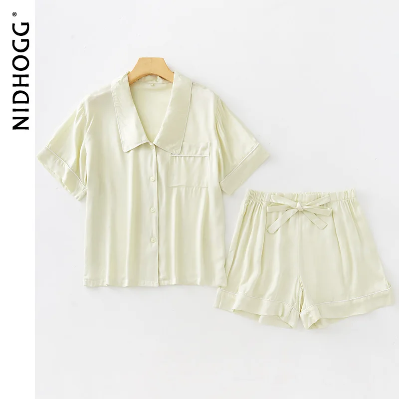 Летняя атласная пижама шорты с коротким рукавом из вискозы однотонная Пижама