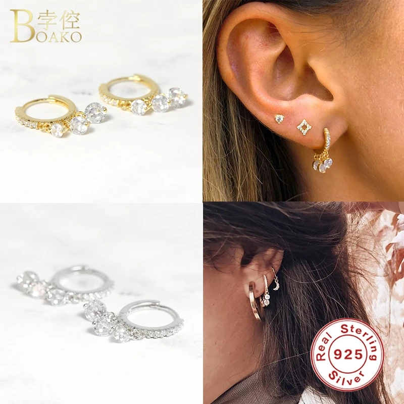 

Boako Real 925 Sterling Silver Hoop Earrings For Women Luxury Zircon Circle Round Earring Fashion Earings Jewelry pendientes
