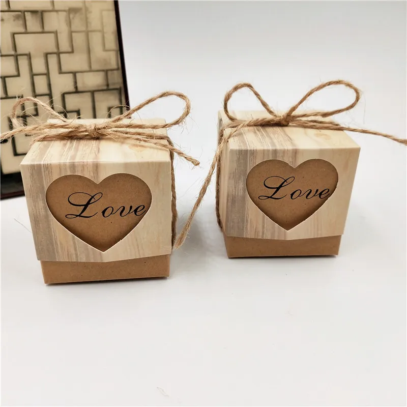 

100pcs/Lot Kraft Paper Heart Love Cover Boxes For Picnic Party Wedding Souvenir Cookie Packaging Gift Boxes With Strings Sticker