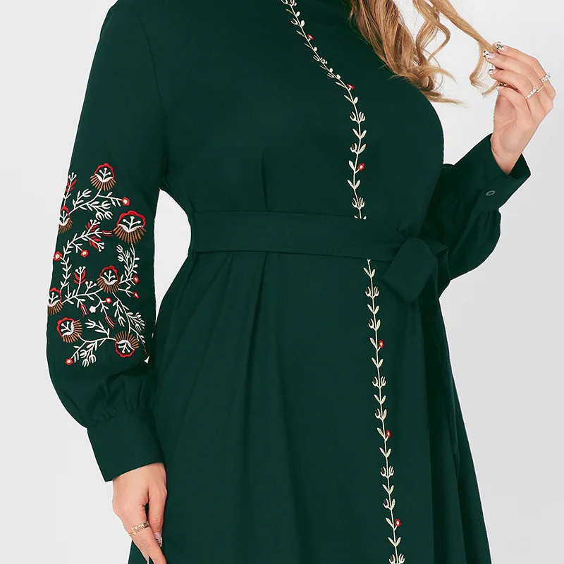 

2021 New Summer Dress Woman Plus Size Dark Green Resort Stand Collar Floral Embroidery Long Sleeve Loose Sashes Elegant Robes
