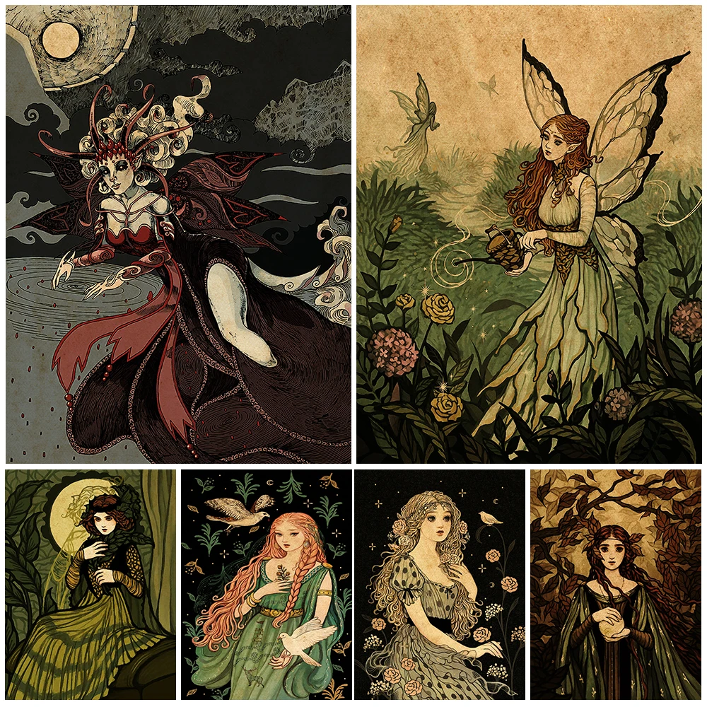 

Fairy Tale Princess And Butterfly Fairy Wall Art Canvas Painting Decoration Retro Art Poster And Prints For Living Room Unframed