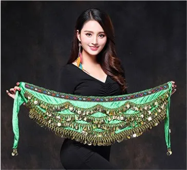 Green Женский костюм для танца живота, хип-шарф, аксессуары, пояс, юбка для танца живота, монеты, шелковый шарф, талия, цепь, обертывание, кристалл, танцевальная одежда для взрослых - Цвет: Green