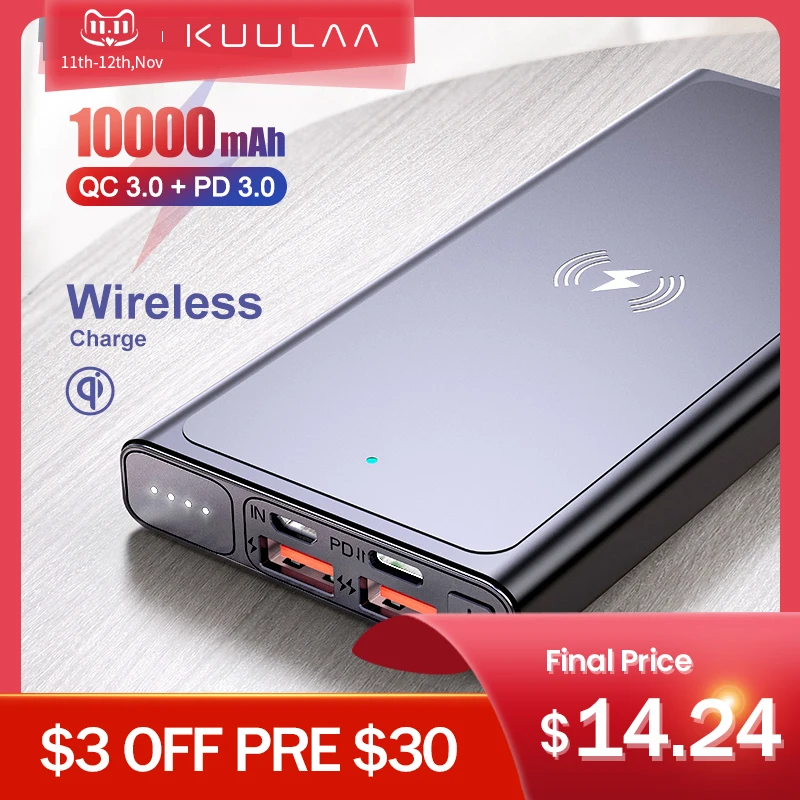 

KUULAA Power Bank 10000mAh Wireless charger portable charger wireless charging powerbank For iPhone 12 11 pro max Samsung Xiaomi