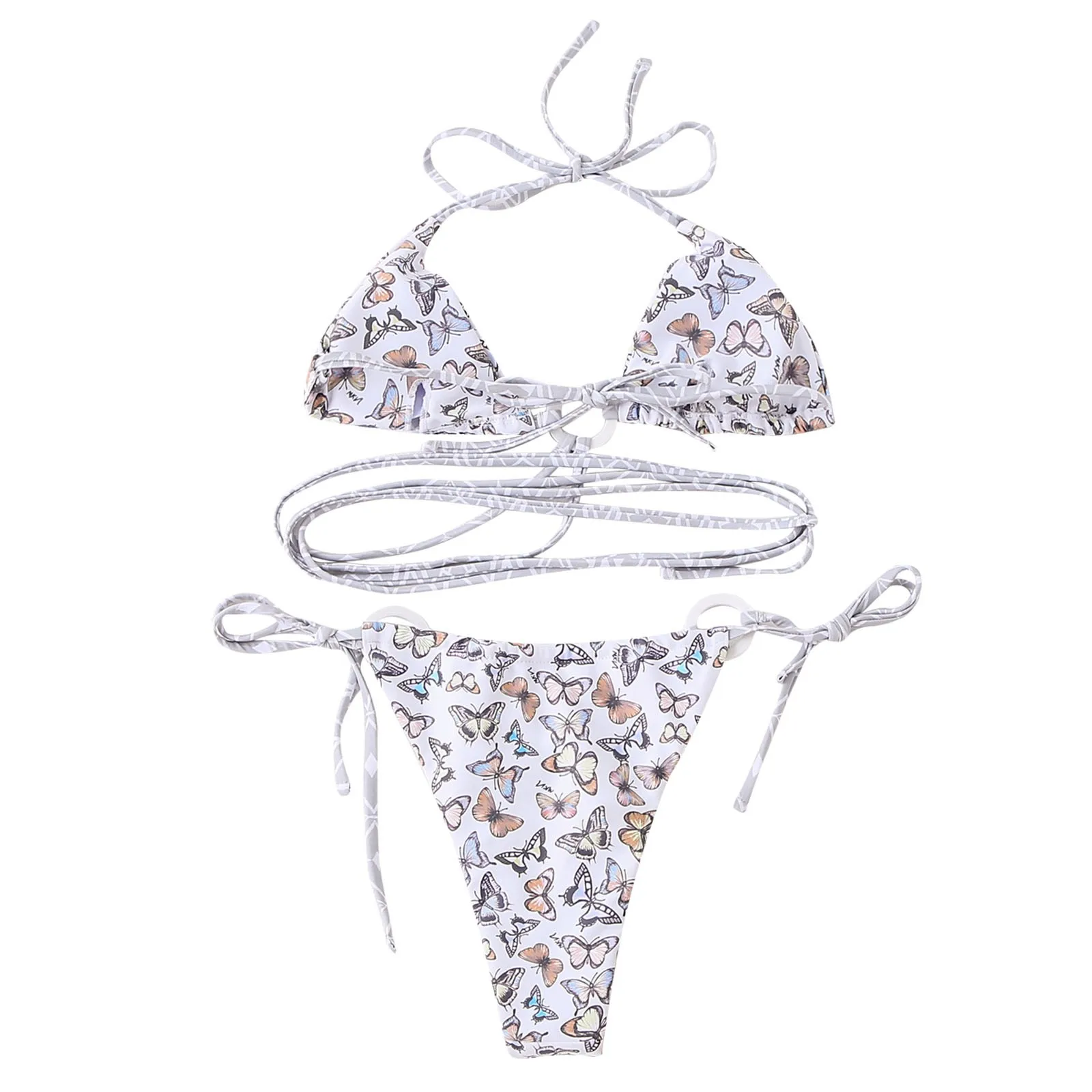 

Women Swimwear Butterfly Print Sexy Halter Bikini Set G-string Cross Bandage Swimsuit Ladies Beachwear Swimming Suit Biquini