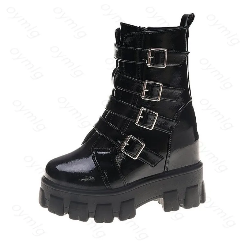 

Fashion Double Buckle Chunky Boots Women Black Patent Leather Platform Ankle Boots Woman Punk Style Hidden Heels Shoes
