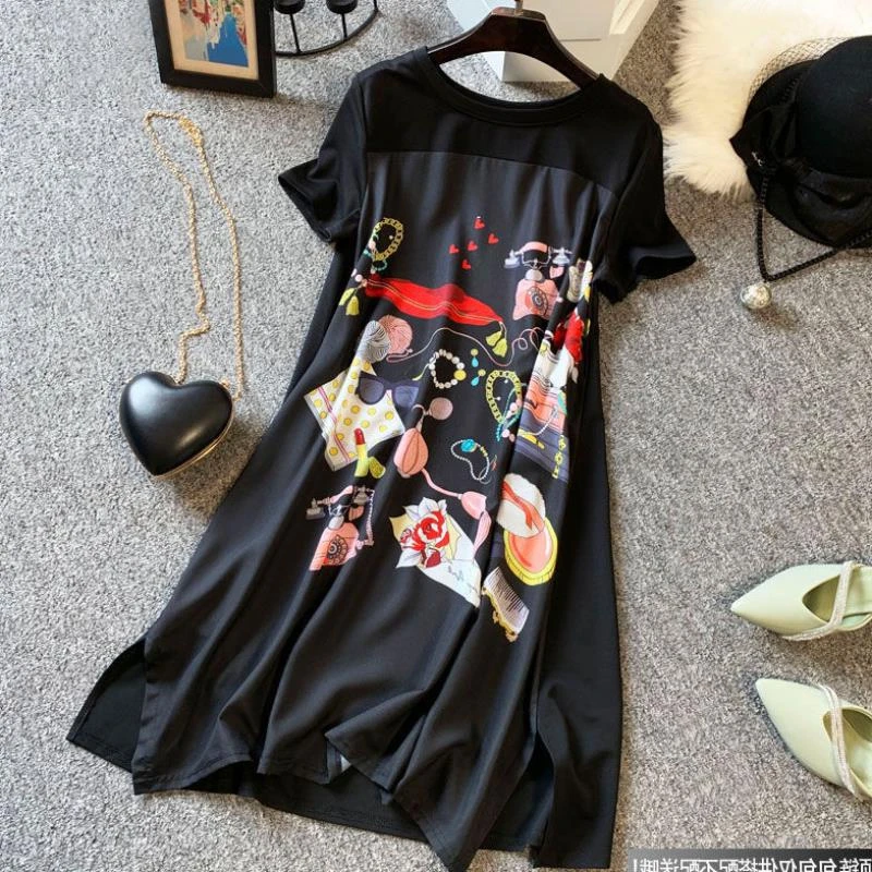 Summer Dress Women New Large Size Slimming Loose Fashion Belly-covering Length Black Spliced Printing Vintage Oversized Dress