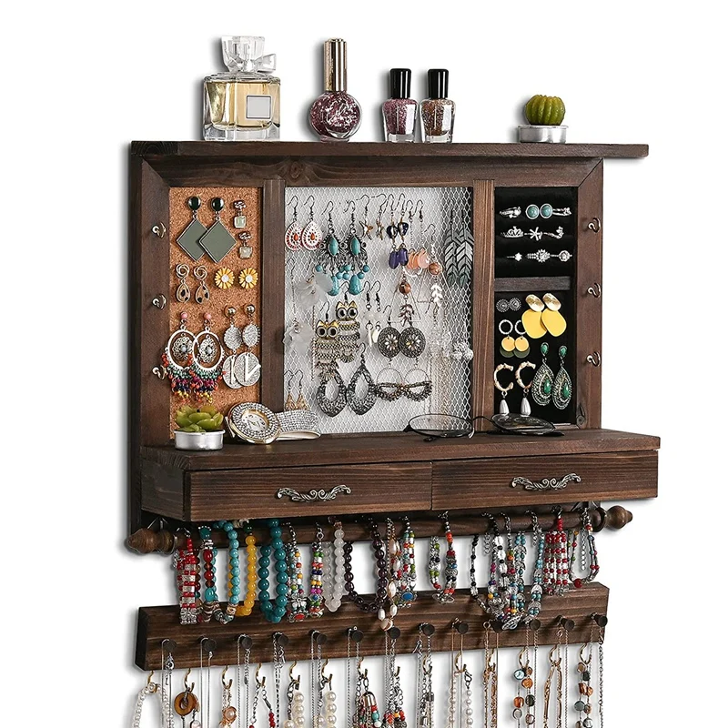 

Jewelry Organizer Wall Mounted Jewelry Organizer Mesh Rustic Hanging Jewelry Holder for Earrings Necklaces with Drawer