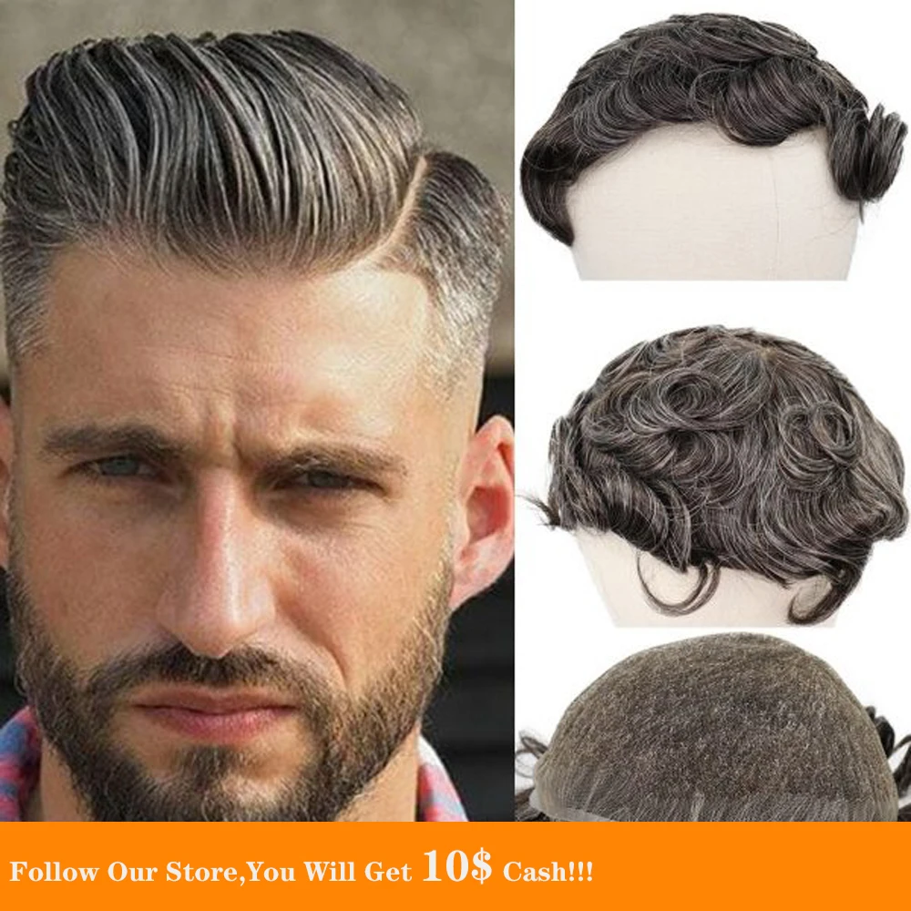 Мужской парик BYMC моно из натуральных человеческих волос полностью кружевная