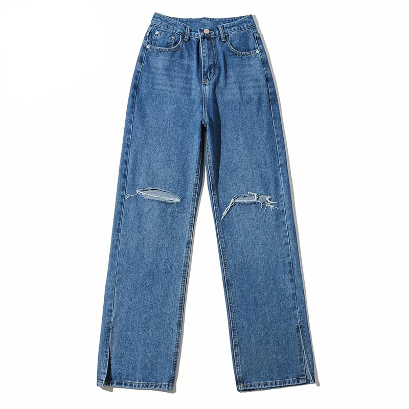 

Summer new street fashion casual women's high-waisted holes washed jeans women's trousers split straight-leg jeans