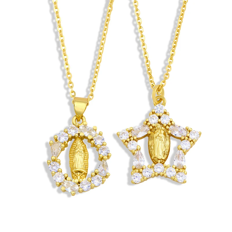 

EYIKA Virgin Mary Pendant Necklace for Women Charm Crystal Zircon Star Heart Round Gold Chain Choker Christian Religious Jewelry