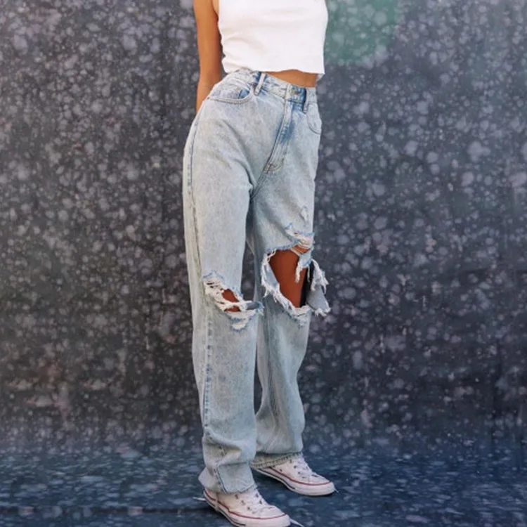 

VICABO Loose Women Ripped Jeans Boyfriend Style Blue Fashion Casual Long Trousers High Waist Broken Hole Denim Pants