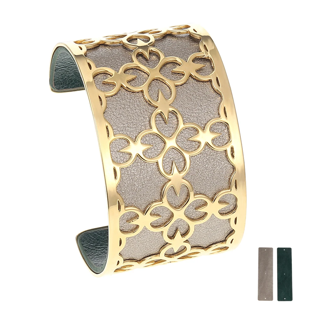 

Koaem Cuff Bracelet Women Arm Stainless Steel Bracelets Bijoux Femme Manchette Reversible Leather Pulseiras