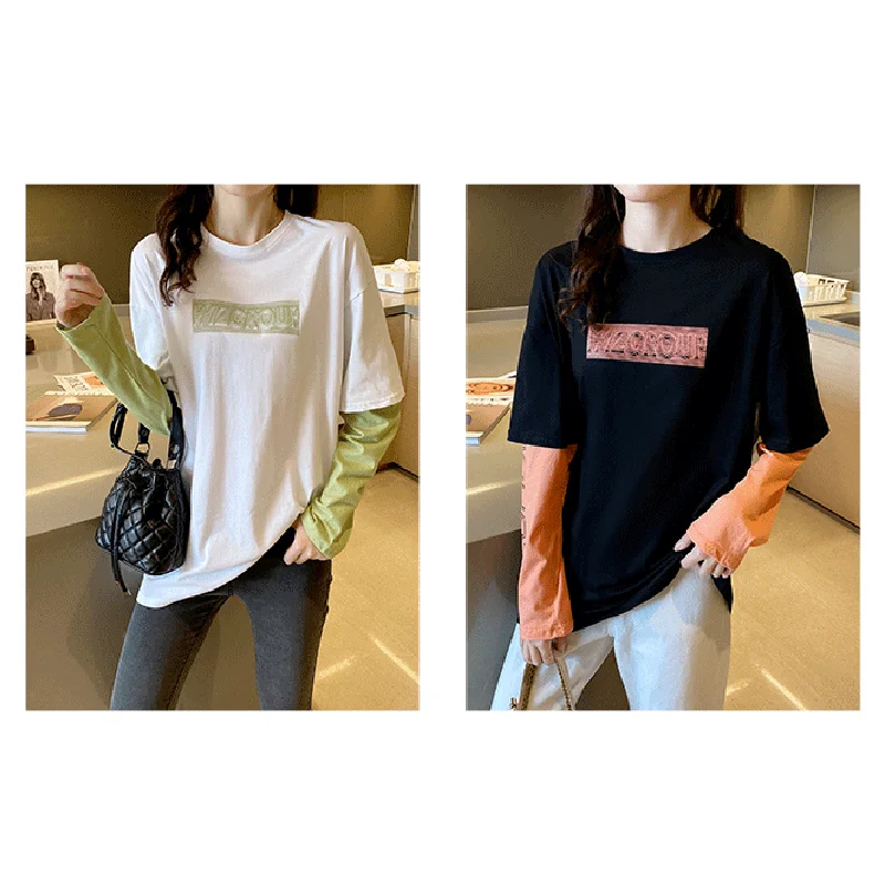 

Oteele Women T-shirts Spring Autumn Printing Letter Splicing Long Sleeve O-Neck Cotton Shirt Tops Office Lady Solid Slim Tees