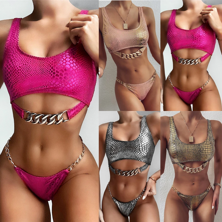 

Женский Блестящий купальник с металлической цепочкой, комплект бикини со мезей, необычный купальник, женский купальный костюм