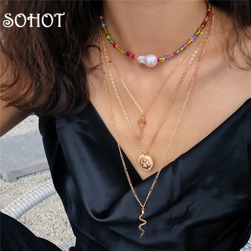 SOHOT Этническая цветная жемчужина чокер женское многослойное ожерелье с