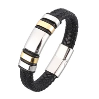 fashion men jewelry black braided leather wrist bracelet magnetic buckle bangles punk rock accessories male wristband pd0988
