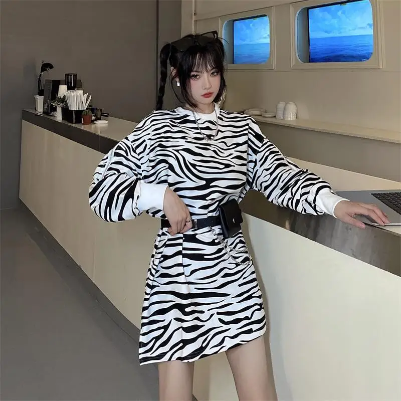 

Autumn Zebra Pattern Long Hoodies Loose Bf Streetwear Hipster Women's Clothing Sweatshirts Off Shoulder Hollow Out New Female