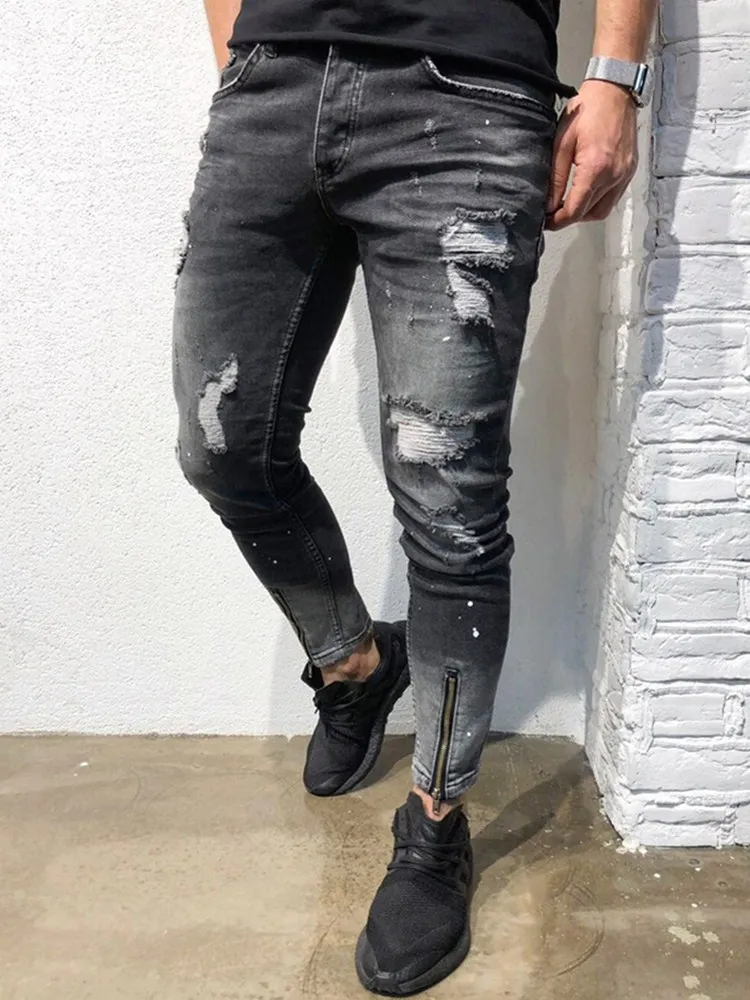 Мужские рваные джинсы на молнии модные облегающие брюки-карандаш с эффектом