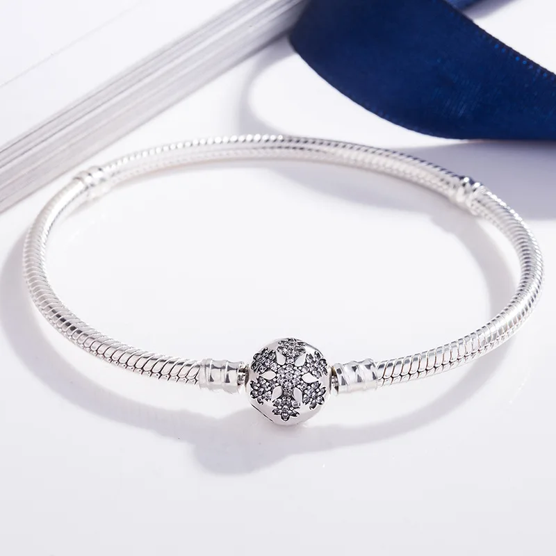 

100% 925 Silver Pan Bracelet Crystal Snow Button Pan Bracelet Fit European Charm Bracelets Women Jewelry