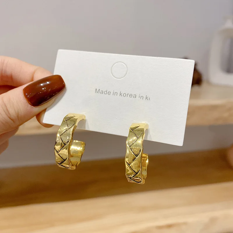 

S925 Silver Needle Korean Fashion Earrings For Women Diamond Lattice Simple Metal Retro Earrings Cute All-match Earring Jewelry