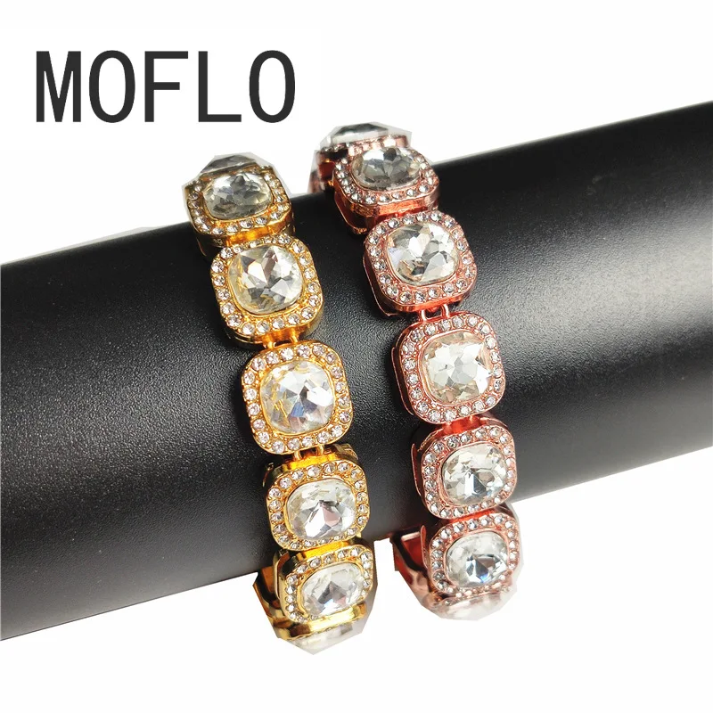 

MOFLO 2020 New Hip-hop Men's Fat Square Rhinestone Bracelet Zircon Necklace Bling Chain Trendy Men's Accessories Bangles